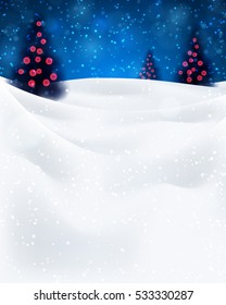 Christmas night background with fir trees and snow, red lights, dark blue sky. Vector illustration. Merry Christmas poster. Holiday design, decor. Vector illustration.