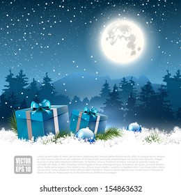 Christmas Night - Background With Gift Boxes And Baubles In The Snow - Vector Background