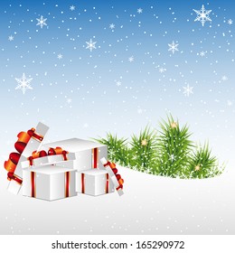 Christmas night - background with gift boxes the snow - vector background