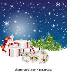 Christmas night - background with gift boxes the snow - vector background