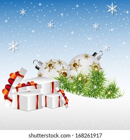 Christmas night - background with gift boxes the snow - vector background