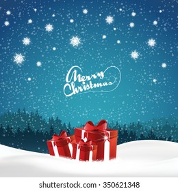 Christmas night - background with gift boxes in the snow - vector background
