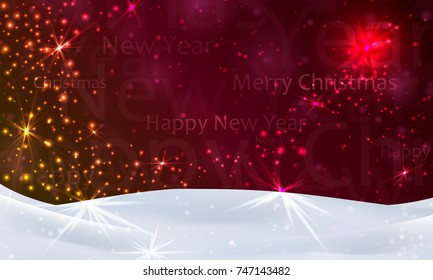 Christmas night background with stars and snow, dark red sky. Vector illustration. Merry Christmas poster. Holiday design, decor. Vector illustration.
