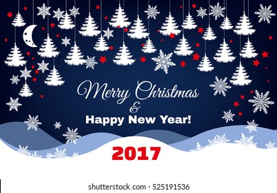 Christmas night background christmas trees vector on a back like a frame and snow drifts on a dark blue background with text. eps8