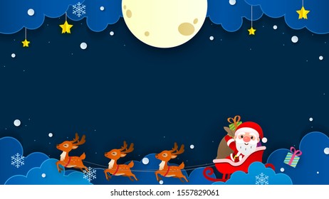 Christmas night background vector illustration. Santa Claus riding reindeer sleigh with copy space