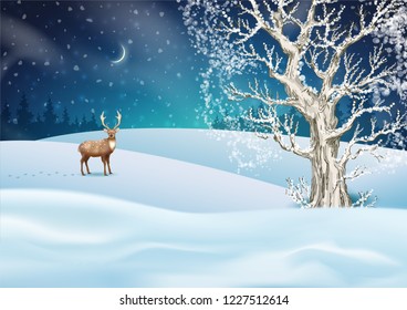 Christmas night background. Vector winter landscape. Frosty tree, snow-covered hills and a deer