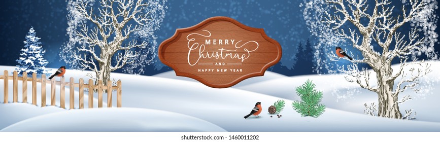 Christmas night background. Vector winter landscape. Frosty tree, snow-covered hills and wooden signboard