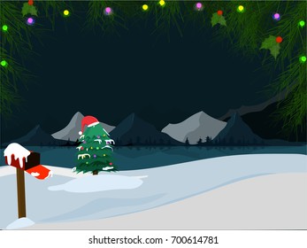 Christmas night background, Xmas Tree, Santa's Cap and Twinkling Lights.