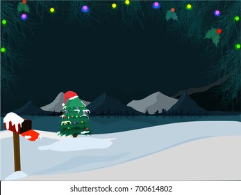 Christmas night background, Xmas Tree, Santa's Cap and Twinkling Lights.