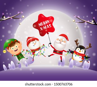 Christmas night banner with animals, Santa on violet ground. Decorative design can be used for invitations, post cards, announcements