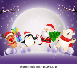 Christmas night banner with Santa, animals on violet ground. Decorative design can be used for invitations, post cards, announcements