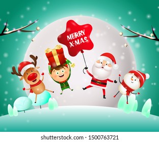 Christmas night banner with Santa, animals on green ground. Decorative design can be used for invitations, post cards, announcements