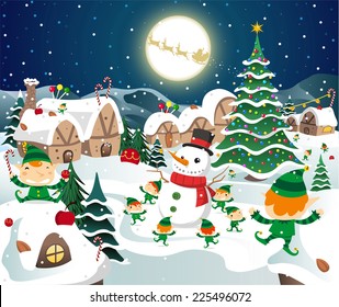 Christmas Night Celebration On The North Pole Vector Cartoon Illustration