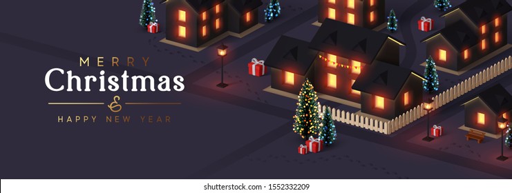 Christmas night city. The houses and street are lit by lanterns. New Year's town from the cottage houses. Festive horizontal banner, web poster, greeting card, cover. Holiday illustration