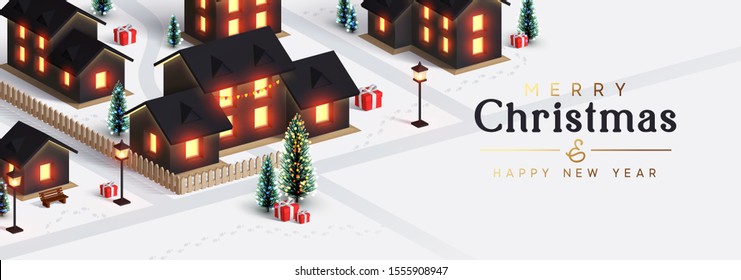 Christmas night city. The houses and street are lit by lanterns. New Year's town from the cottage houses. Festive horizontal banner, web poster, greeting card, cover. Holiday illustration