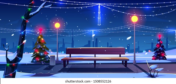 Christmas in night city park, empty public garden with decorated fir-trees, bench and lighting garlands. Winter cityview landscape, Urban place for walking and recreation Cartoon vector illustration