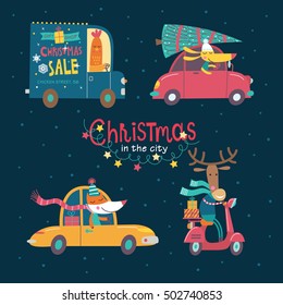 Christmas in the night city. Part 1. Vector collection of cartoon characters. Cute animals are going by cars. The hustle and bustle of the city.