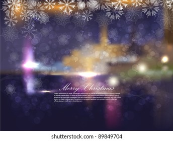 Christmas night city with snowflakes and bokeh. Abstraction a vector a background