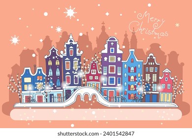 Christmas night city with traditional european houses and Christmas lights, banner 3
