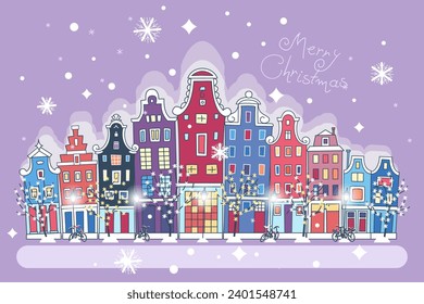 Christmas night city with traditional european houses and Christmas lights, banner 3