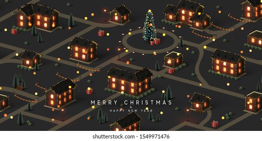 Christmas night city. Winter Xmas village landscape, cottage town and country, Decorated with New Year garland, blur lights bokeh. Festive banner, web poster, greeting card, cover. Vector illustration