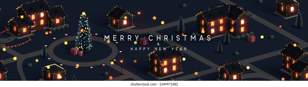 Christmas night city. Winter Xmas village landscape, cottage town and country, Decorated with New Year garland, blur lights bokeh. Festive banner, web poster, greeting card, cover. Vector illustration