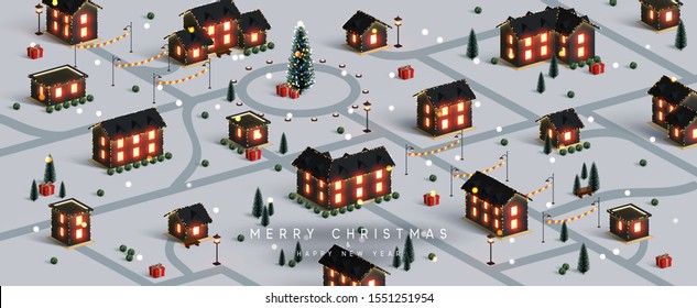 Christmas night city. Winter Xmas village landscape, cottage town and country, Decorated with New Year garland, blur lights bokeh. Festive banner, web poster, greeting card, cover. Vector illustration