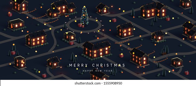 Christmas night city. Winter Xmas village landscape, cottage town and country, Decorated with New Year garland, blur lights bokeh. Festive banner, web poster, greeting card, cover. Vector illustration