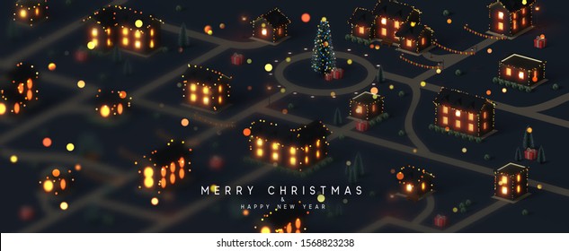 Christmas night city. Winter Xmas village landscape, cottage town and country, Decorated with New Year garland, blur lights bokeh. Festive banner, web poster, greeting card, cover. Vector illustration