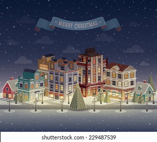 Christmas night cityscape and snowfall. Vector illustration.