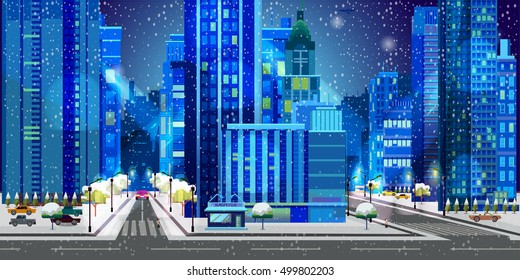 Christmas night cityscape and snowfall. Vector illustration.