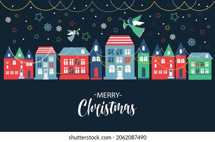 Christmas night with cute houses angels and stars. Merry and Happy new Year Christmas card.