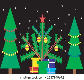 Christmas night. Decorated christmas trees, and some gifts. outdoor spot, under the night sky with stars.