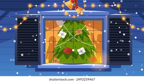 Christmas night exterior composition. Living room view with Christmas tree through window. Flat vector illustration