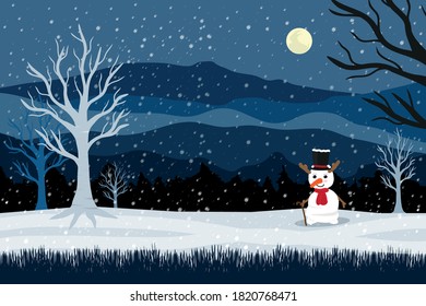 Christmas night fullmoon landscape and greeting snow man.Christmas card template with place for you text.