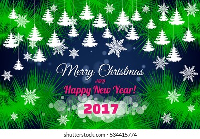 Christmas night with green christmas trees and white silhouette trees vector.