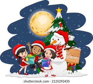 Christmas night with happy children in Christmas costumes illustration