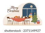 Christmas night interior flat vector illustration. Served dinner table with champagne and food, Christmas tree with present boxes near large window with snow falling.