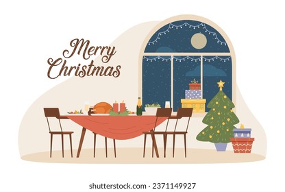 Christmas night interior flat vector illustration. Served dinner table with champagne and food, Christmas tree with present boxes near large window with snow falling.