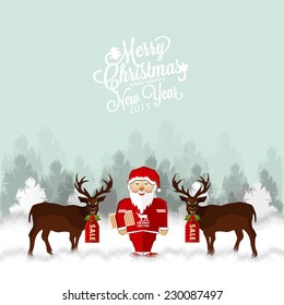 Christmas Night Landscape With Deers And  Santa. Vector Illustration. 