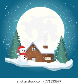 Christmas night landscape full moon with flying santa claus, christmas card.