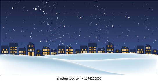 Christmas night landscape with houses. Winter background. For design flyer, banner, poster, invitation