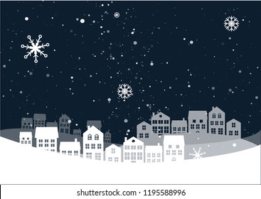 Christmas night landscape with houses. Winter background. For design flyer, banner, poster, invitation