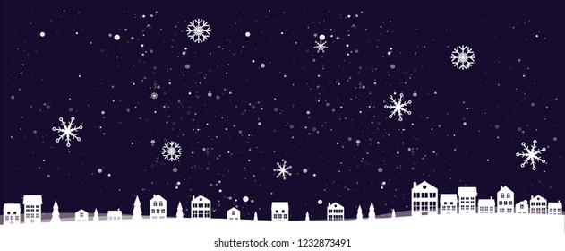 Christmas night landscape with houses. Winter background. For design flyer, banner, poster, invitation