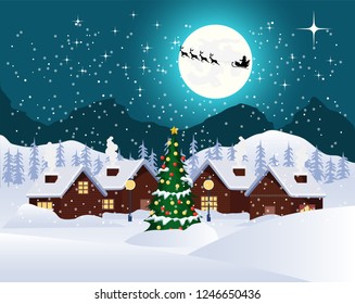 Christmas night landscape. Santa Claus flying