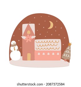 Christmas night landscape scene  Winter outdoor  Childish Merry Christmas poster  Christmas village at night  snowman  Christmas tree drawing design  Night New Year card  Nordic vector illustration 