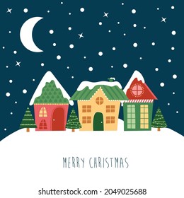 Christmas night landscape. In the sky the moon and the stars, the house and Christmas tree with lights. Flat vector illustration for postcard