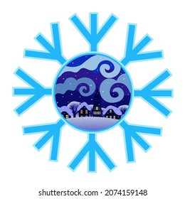 Christmas night landscape with small town on snowflake background isolated.