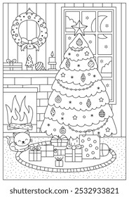 Christmas night living room vector line drawing illustration