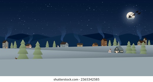 Christmas night with log cabin and pines forest in snowland flat design vector illustration. Christmas greeting card template.